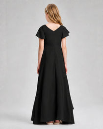 Dideyttawl Junior Bridesmaid Dress with Flutter Sleeves and Side Slit Chiffon Gown