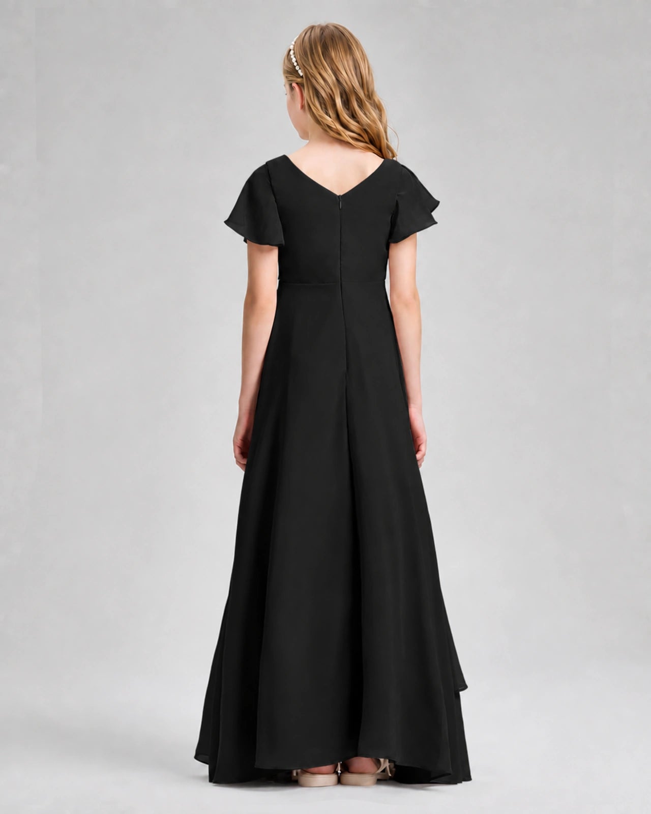 Dideyttawl Junior Bridesmaid Dress with Flutter Sleeves and Side Slit Chiffon Gown