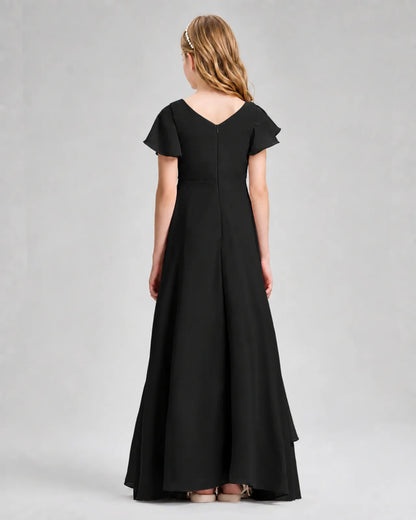 Black Chiffon A-line Junior Bridesmaid Dress Back View