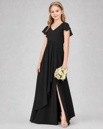 Dideyttawl Junior Bridesmaid Dress with Flutter Sleeves and Side Slit Chiffon Gown