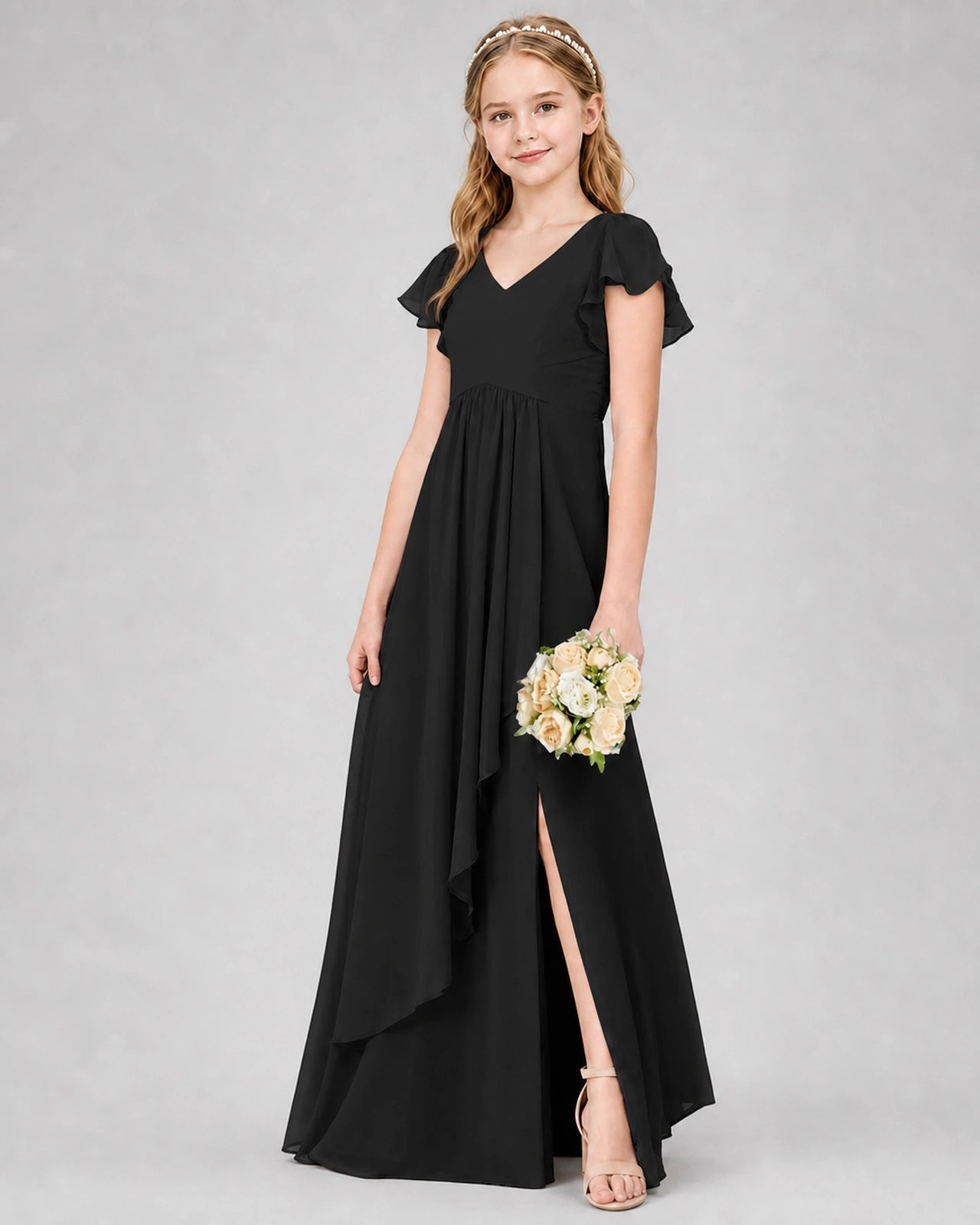 Dideyttawl Junior Bridesmaid Dress with Flutter Sleeves and Side Slit Chiffon Gown