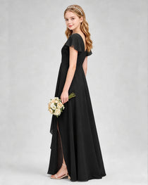 Dideyttawl Junior Bridesmaid Dress with Flutter Sleeves and Side Slit Chiffon Gown