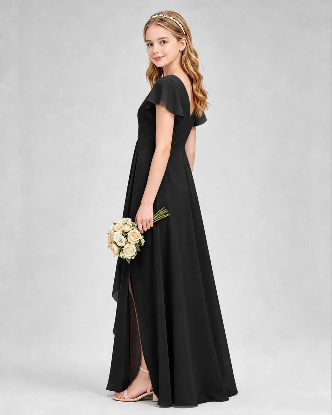 Dideyttawl Junior Bridesmaid Dress with Flutter Sleeves and Side Slit Chiffon Gown