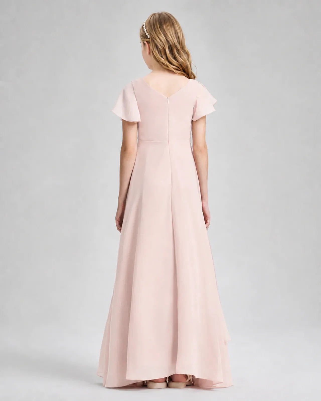 Blush Pink Chiffon A-line Junior Bridesmaid Dress Back View