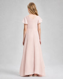 Dideyttawl Junior Bridesmaid Dress with Flutter Sleeves and Side Slit Chiffon Gown