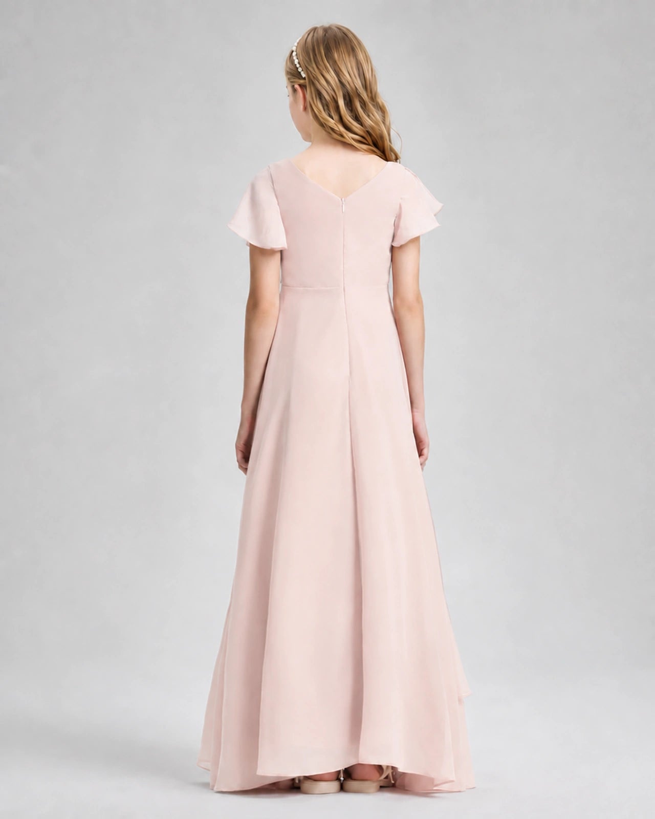 Dideyttawl Junior Bridesmaid Dress with Flutter Sleeves and Side Slit Chiffon Gown