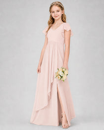 Dideyttawl Junior Bridesmaid Dress with Flutter Sleeves and Side Slit Chiffon Gown