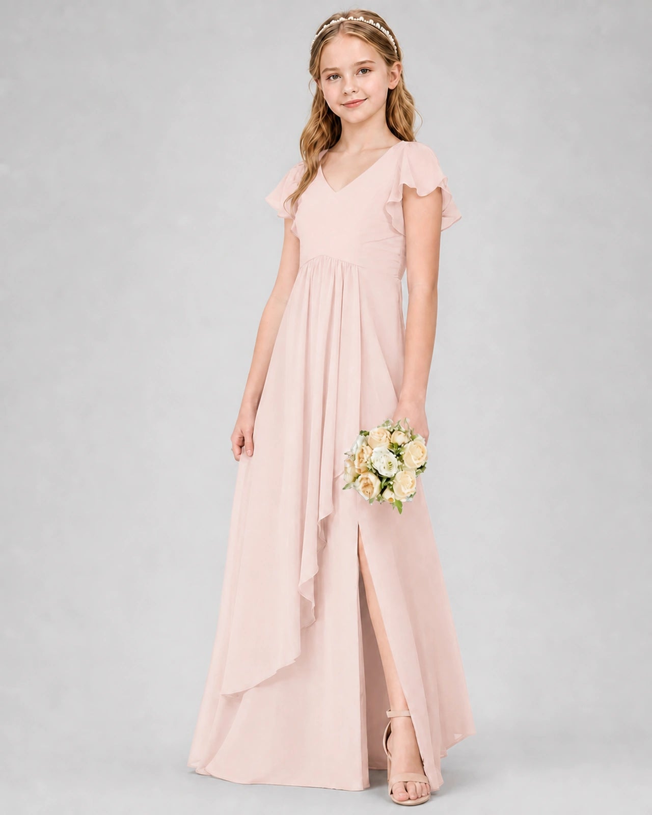 Dideyttawl Junior Bridesmaid Dress with Flutter Sleeves and Side Slit Chiffon Gown