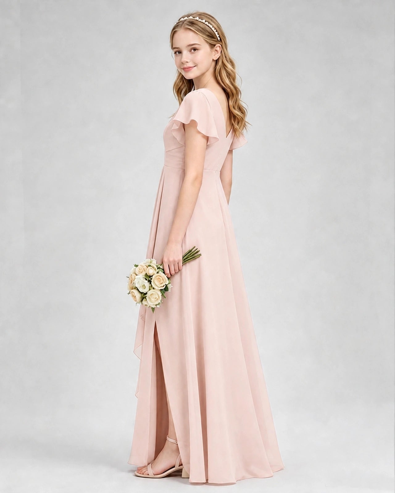 Dideyttawl Junior Bridesmaid Dress with Flutter Sleeves and Side Slit Chiffon Gown