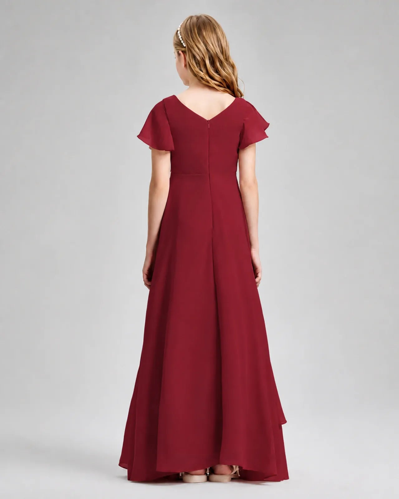 Burgundy Chiffon A-line Junior Bridesmaid Dress Back View