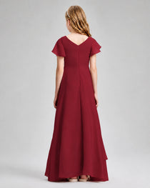 Dideyttawl Junior Bridesmaid Dress with Flutter Sleeves and Side Slit Chiffon Gown