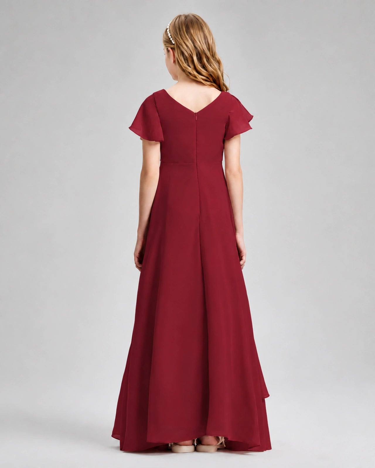 Dideyttawl Junior Bridesmaid Dress with Flutter Sleeves and Side Slit Chiffon Gown