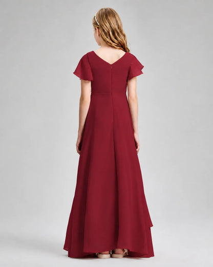 Burgundy Chiffon A-line Junior Bridesmaid Dress Back View