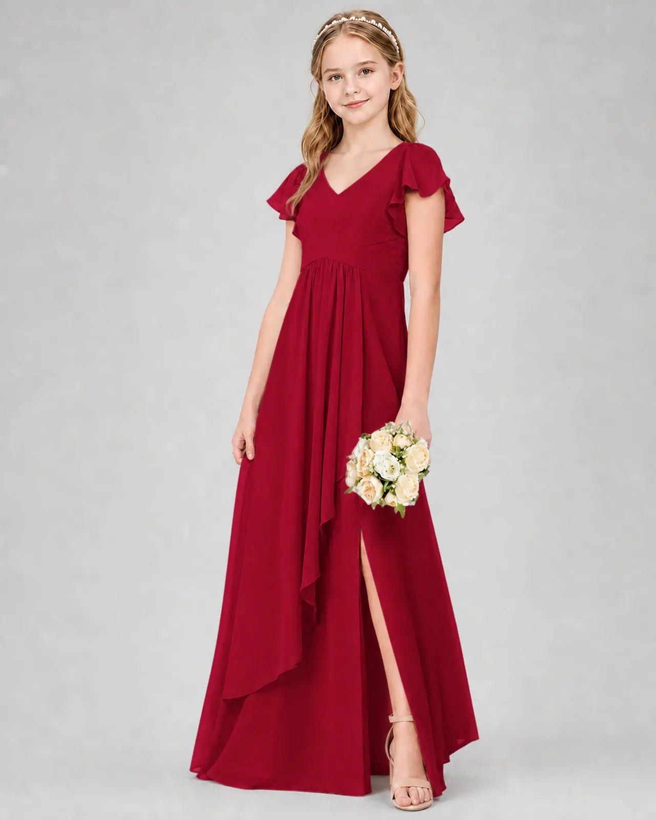 Burgundy Chiffon A-line Junior Bridesmaid Dress Front View
