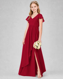 Dideyttawl Junior Bridesmaid Dress with Flutter Sleeves and Side Slit Chiffon Gown