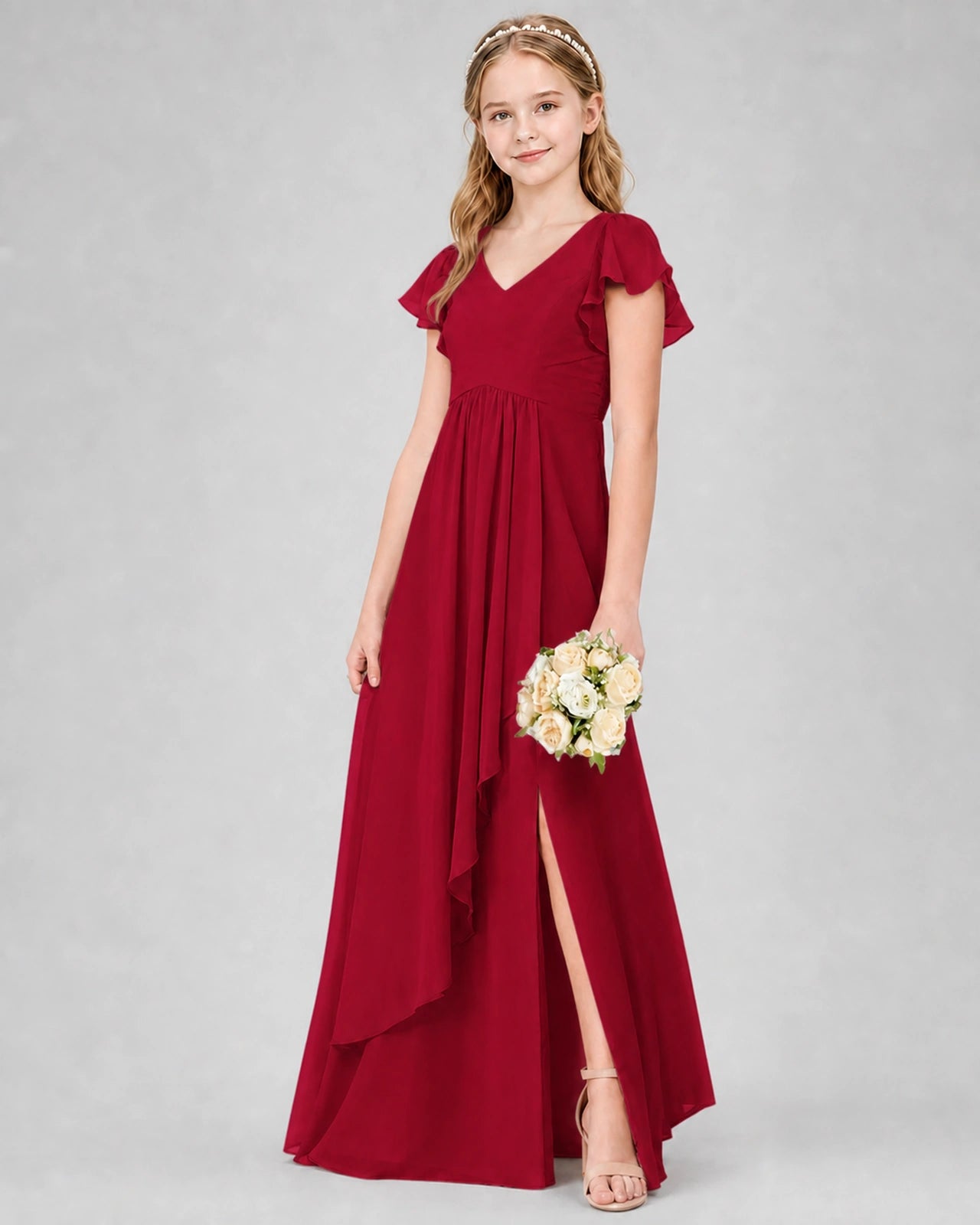 Dideyttawl Junior Bridesmaid Dress with Flutter Sleeves and Side Slit Chiffon Gown