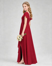 Dideyttawl Junior Bridesmaid Dress with Flutter Sleeves and Side Slit Chiffon Gown