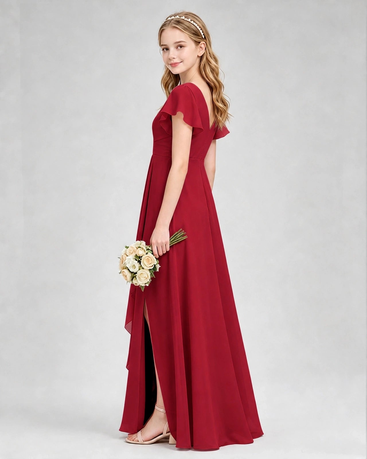 Dideyttawl Junior Bridesmaid Dress with Flutter Sleeves and Side Slit Chiffon Gown