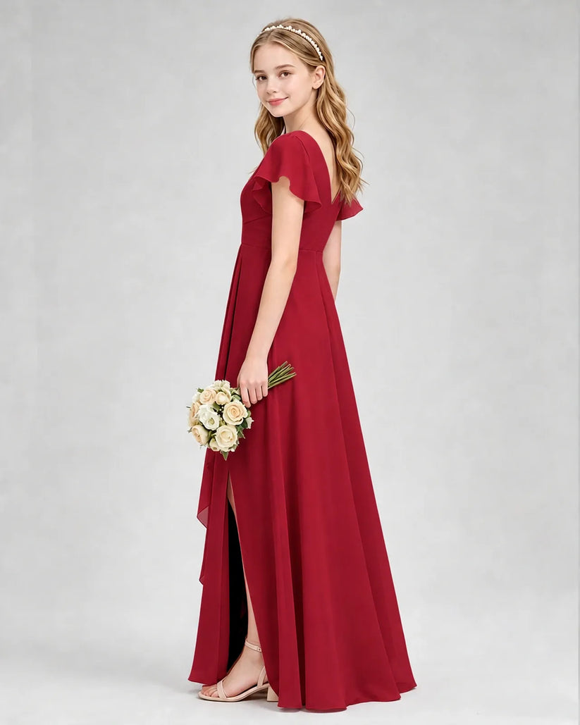 Burgundy Chiffon A-line Junior Bridesmaid Dress Side View