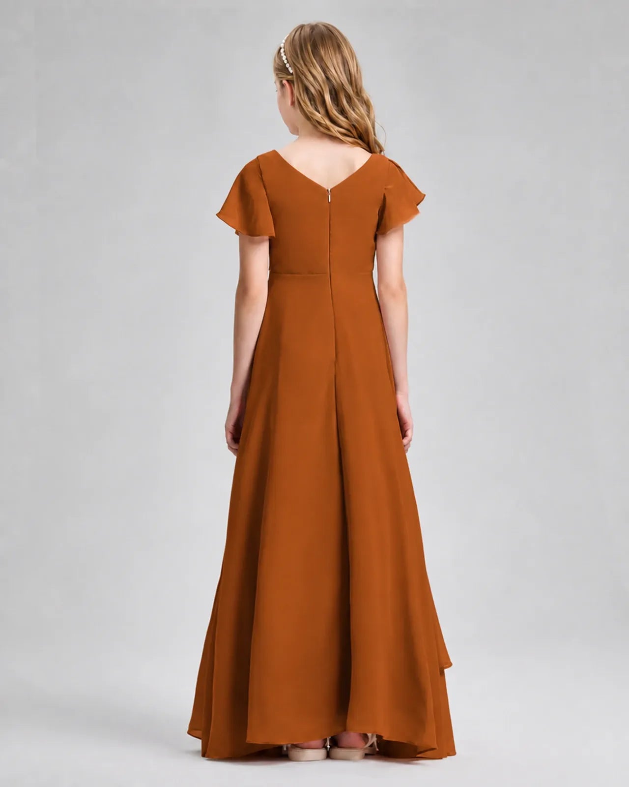 Burnt Orange Chiffon A-line Junior Bridesmaid Dress Back View