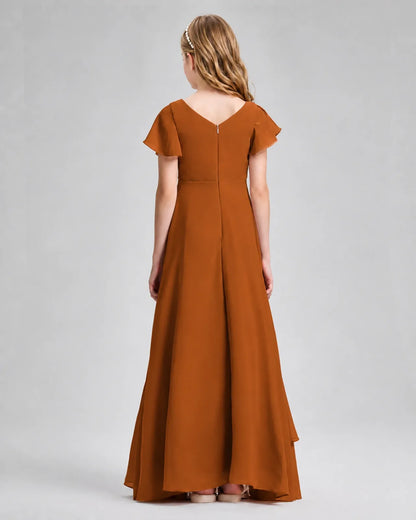 Burnt Orange Chiffon A-line Junior Bridesmaid Dress Back View