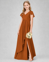 Dideyttawl Junior Bridesmaid Dress with Flutter Sleeves and Side Slit Chiffon Gown