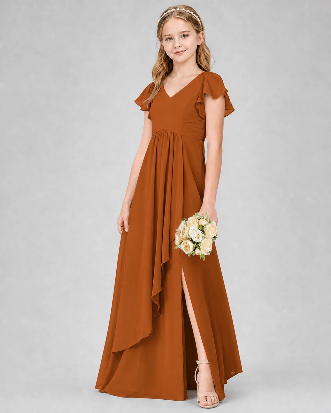 Dideyttawl Junior Bridesmaid Dress with Flutter Sleeves and Side Slit Chiffon Gown