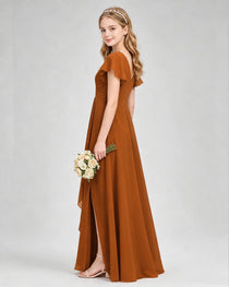 Dideyttawl Junior Bridesmaid Dress with Flutter Sleeves and Side Slit Chiffon Gown