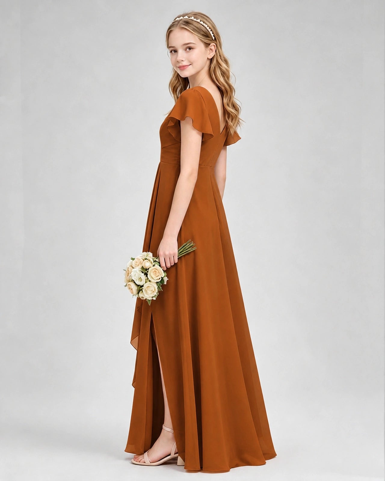 Dideyttawl Junior Bridesmaid Dress with Flutter Sleeves and Side Slit Chiffon Gown