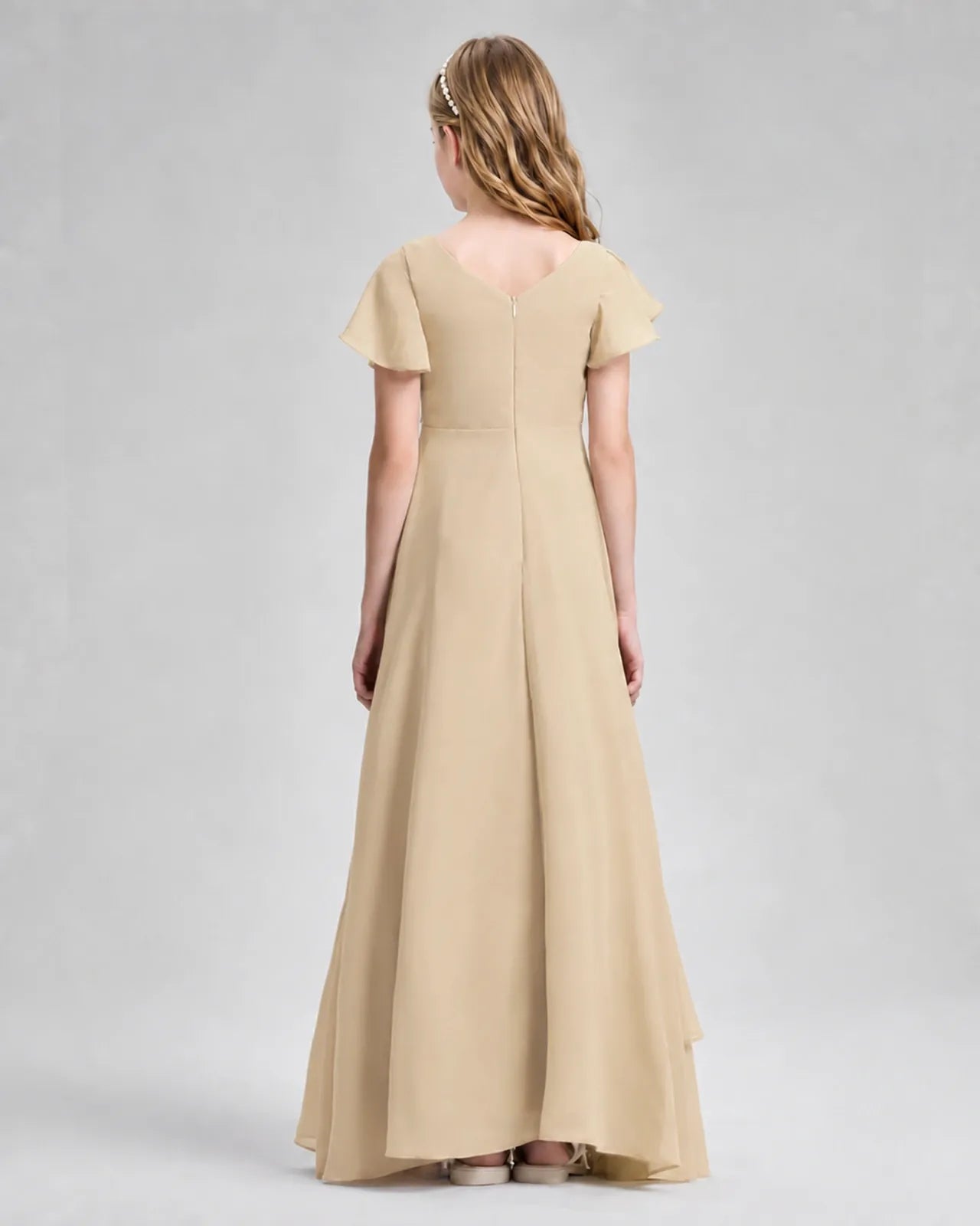Champagne Chiffon A-line Junior Bridesmaid Dress Back View
