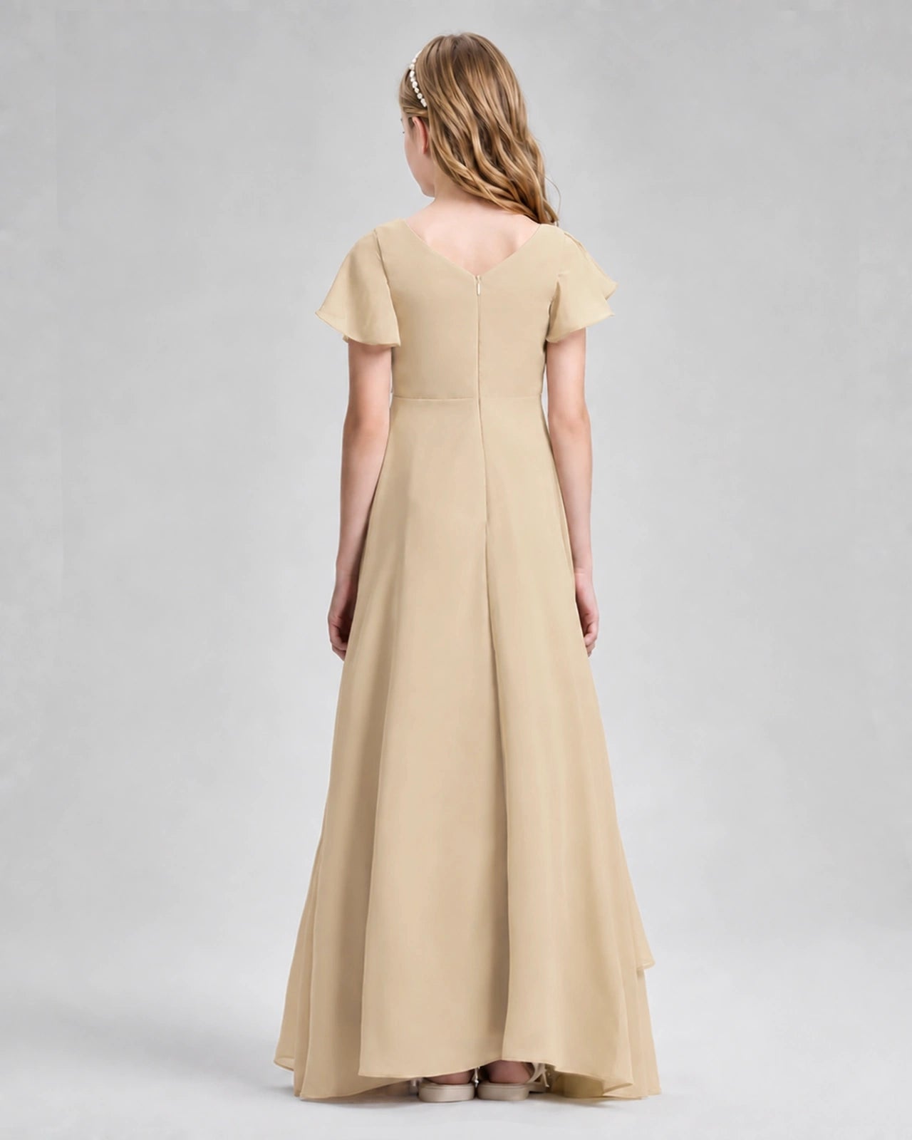Dideyttawl Junior Bridesmaid Dress with Flutter Sleeves and Side Slit Chiffon Gown