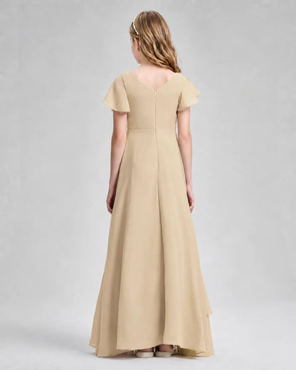 Champagne Chiffon A-line Junior Bridesmaid Dress Back View