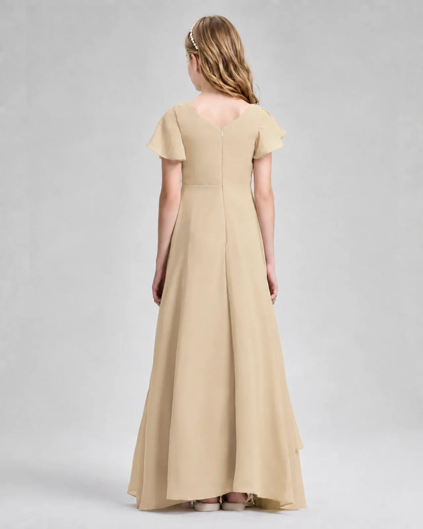 Champagne Chiffon A-line Junior Bridesmaid Dress Back View