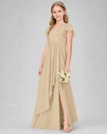 Dideyttawl Junior Bridesmaid Dress with Flutter Sleeves and Side Slit Chiffon Gown