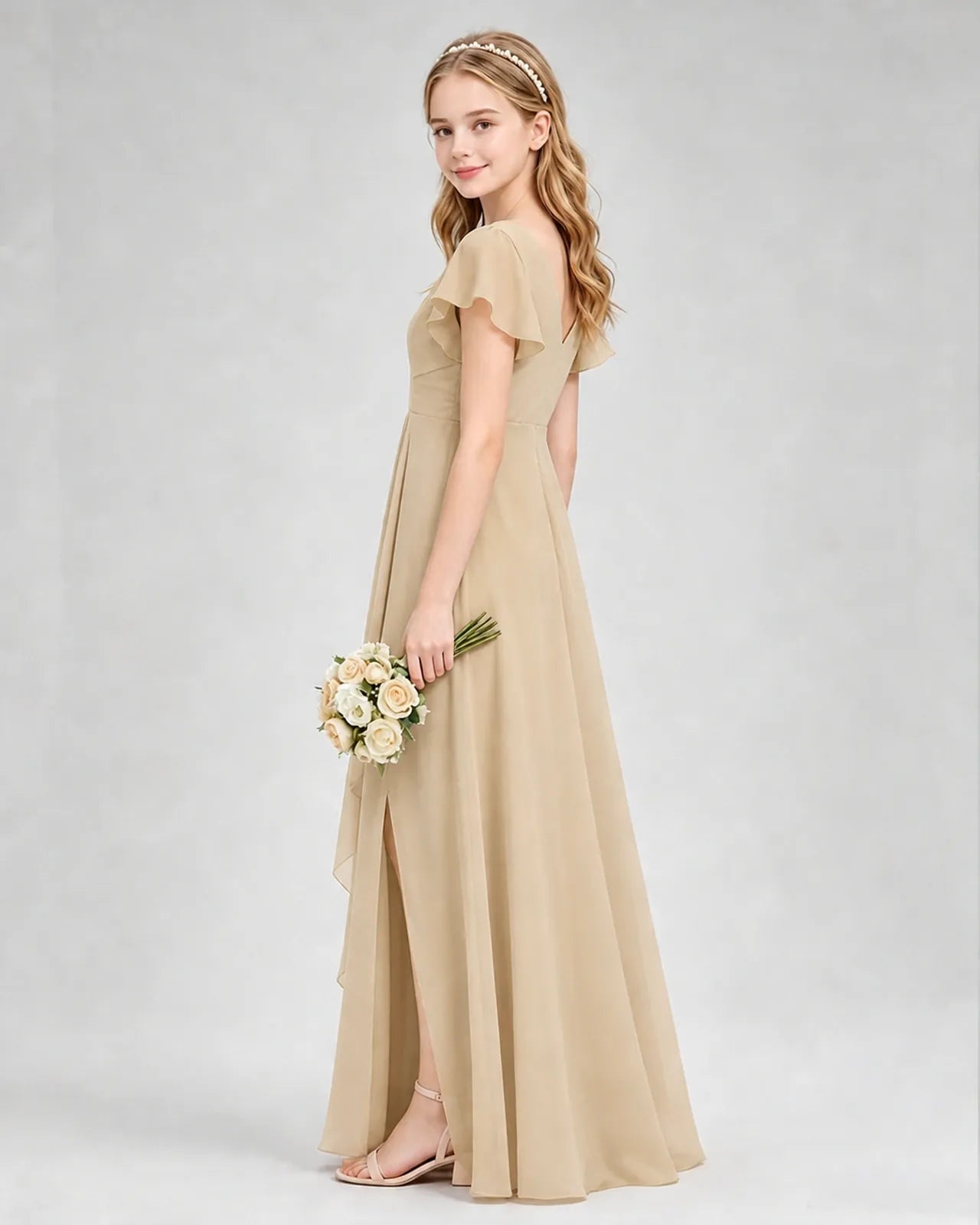Champagne Chiffon A-line Junior Bridesmaid Dress Side View