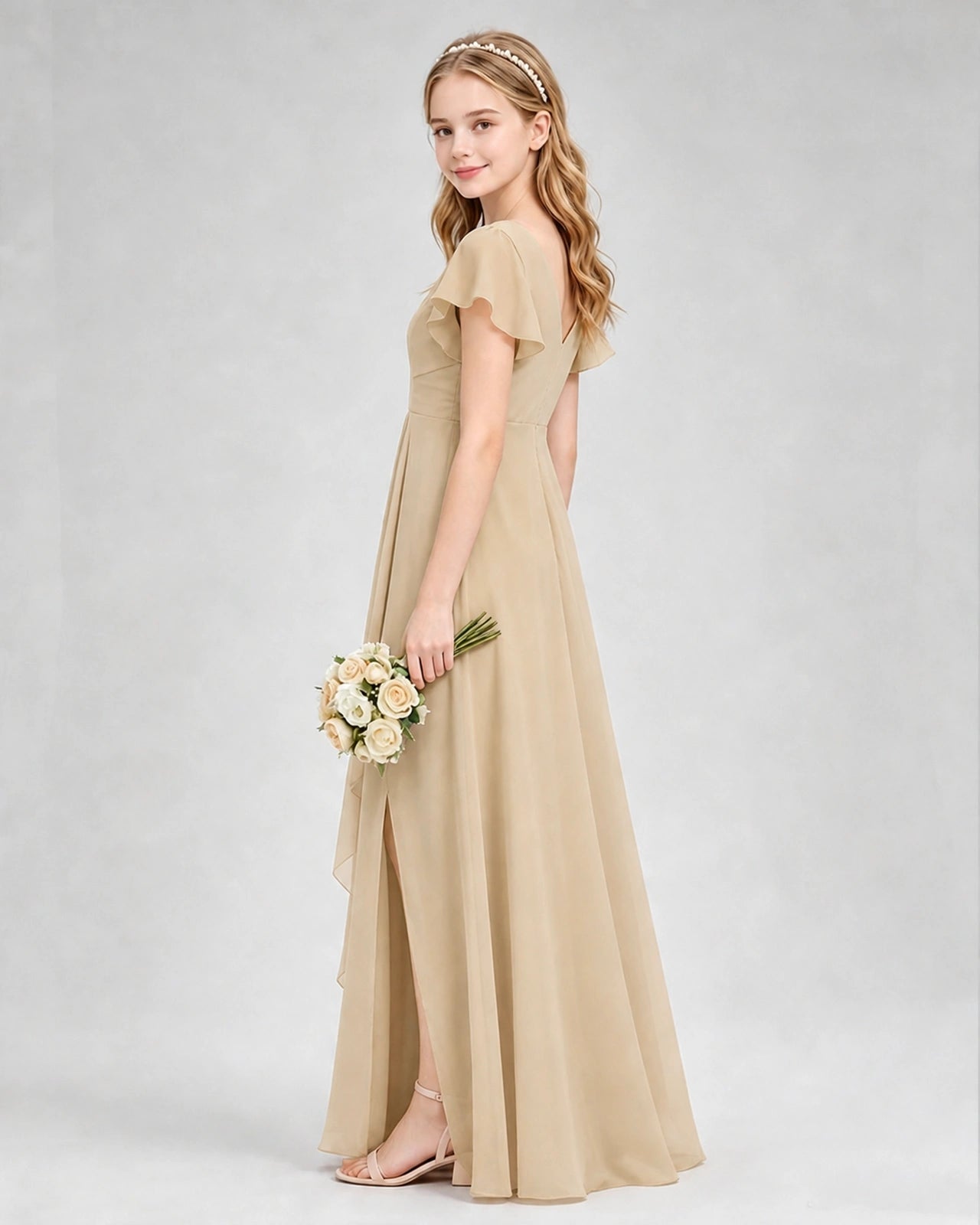 Dideyttawl Junior Bridesmaid Dress with Flutter Sleeves and Side Slit Chiffon Gown