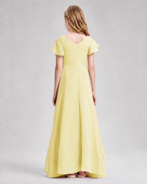 Dideyttawl Junior Bridesmaid Dress with Flutter Sleeves and Side Slit Chiffon Gown