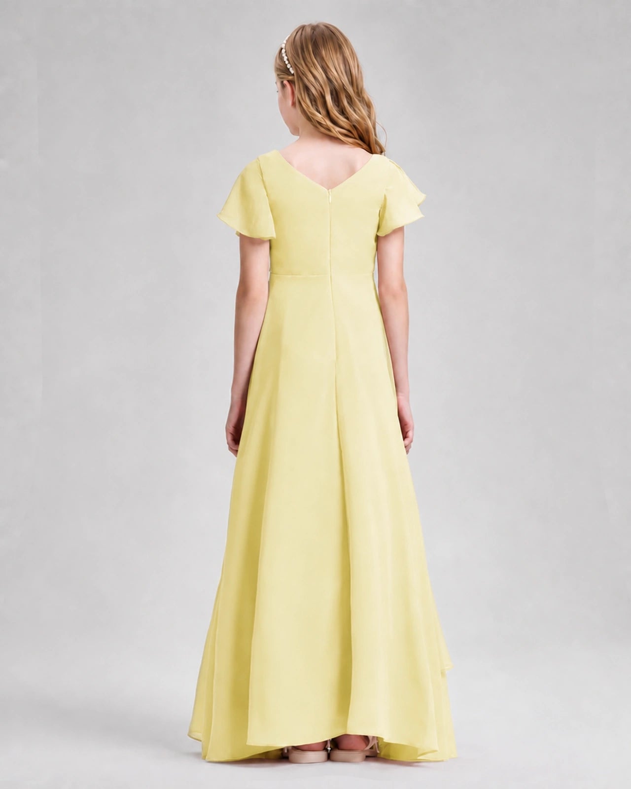 Dideyttawl Junior Bridesmaid Dress with Flutter Sleeves and Side Slit Chiffon Gown