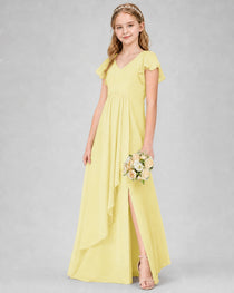Dideyttawl Junior Bridesmaid Dress with Flutter Sleeves and Side Slit Chiffon Gown