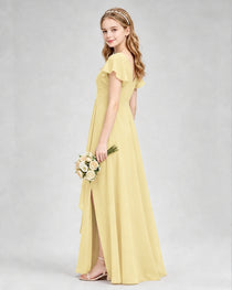 Dideyttawl Junior Bridesmaid Dress with Flutter Sleeves and Side Slit Chiffon Gown