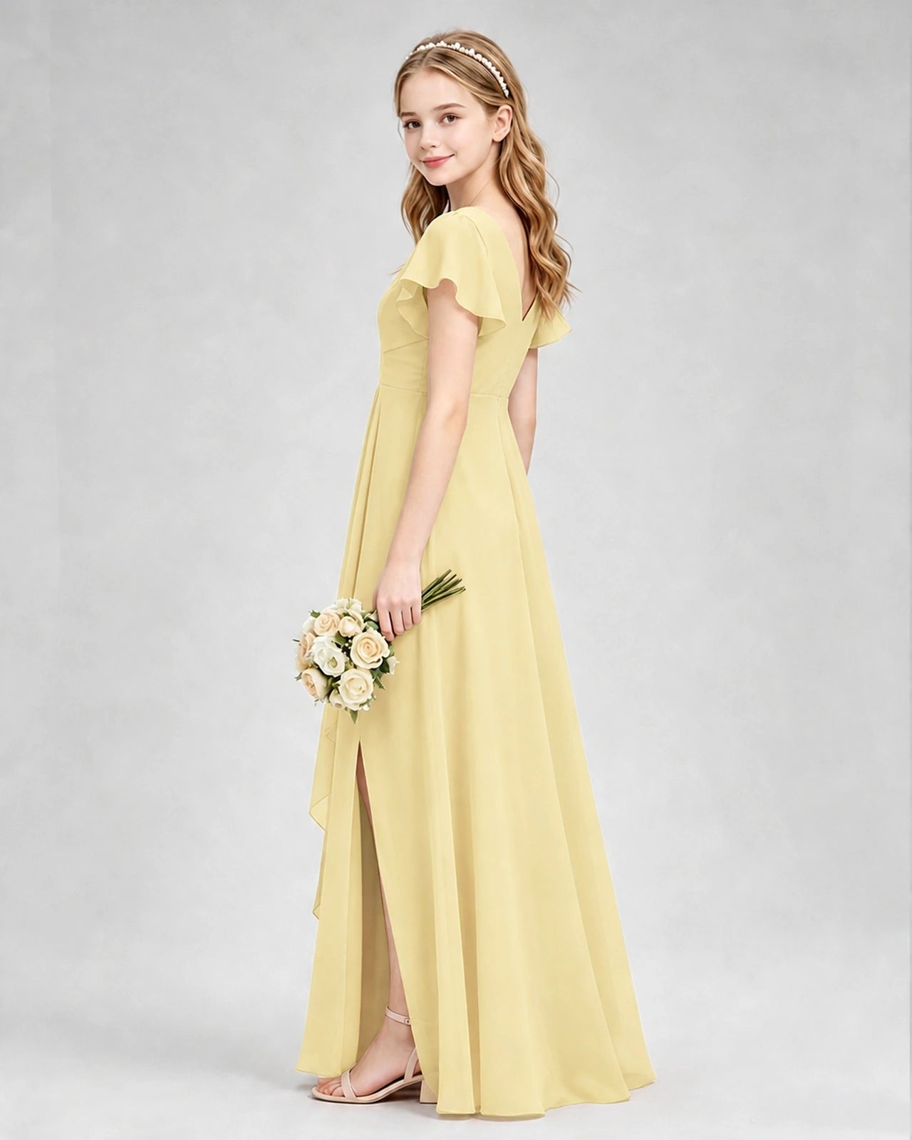 Dideyttawl Junior Bridesmaid Dress with Flutter Sleeves and Side Slit Chiffon Gown