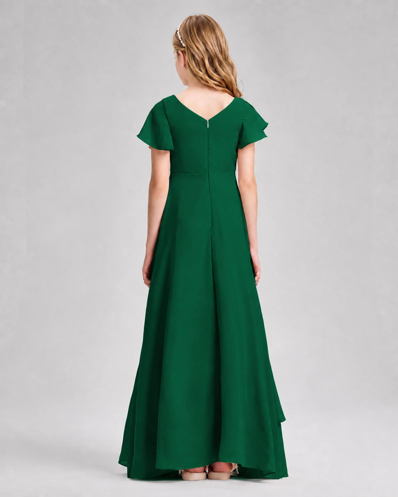 Dideyttawl Junior Bridesmaid Dress with Flutter Sleeves and Side Slit Chiffon Gown