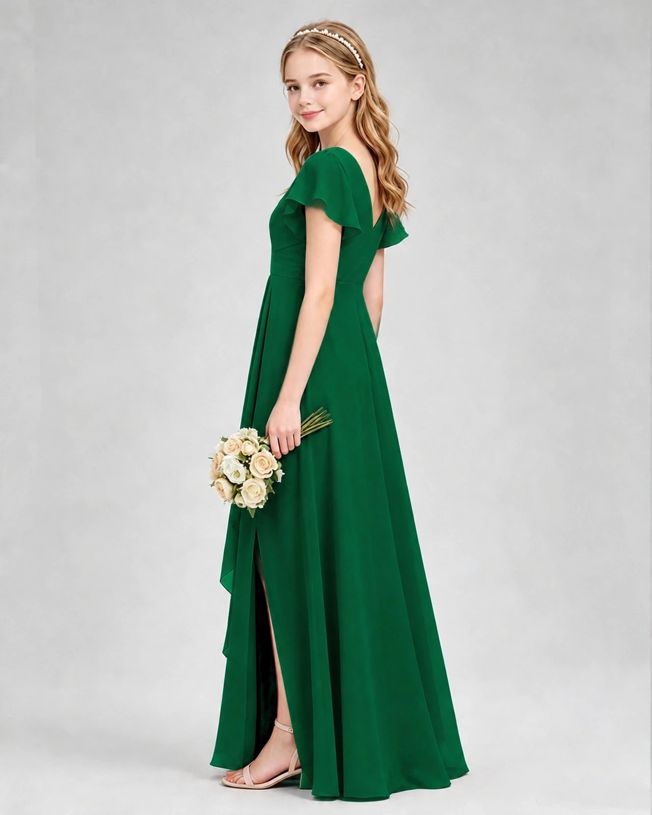 Dideyttawl Junior Bridesmaid Dress with Flutter Sleeves and Side Slit Chiffon Gown
