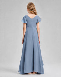 Dideyttawl Junior Bridesmaid Dress with Flutter Sleeves and Side Slit Chiffon Gown