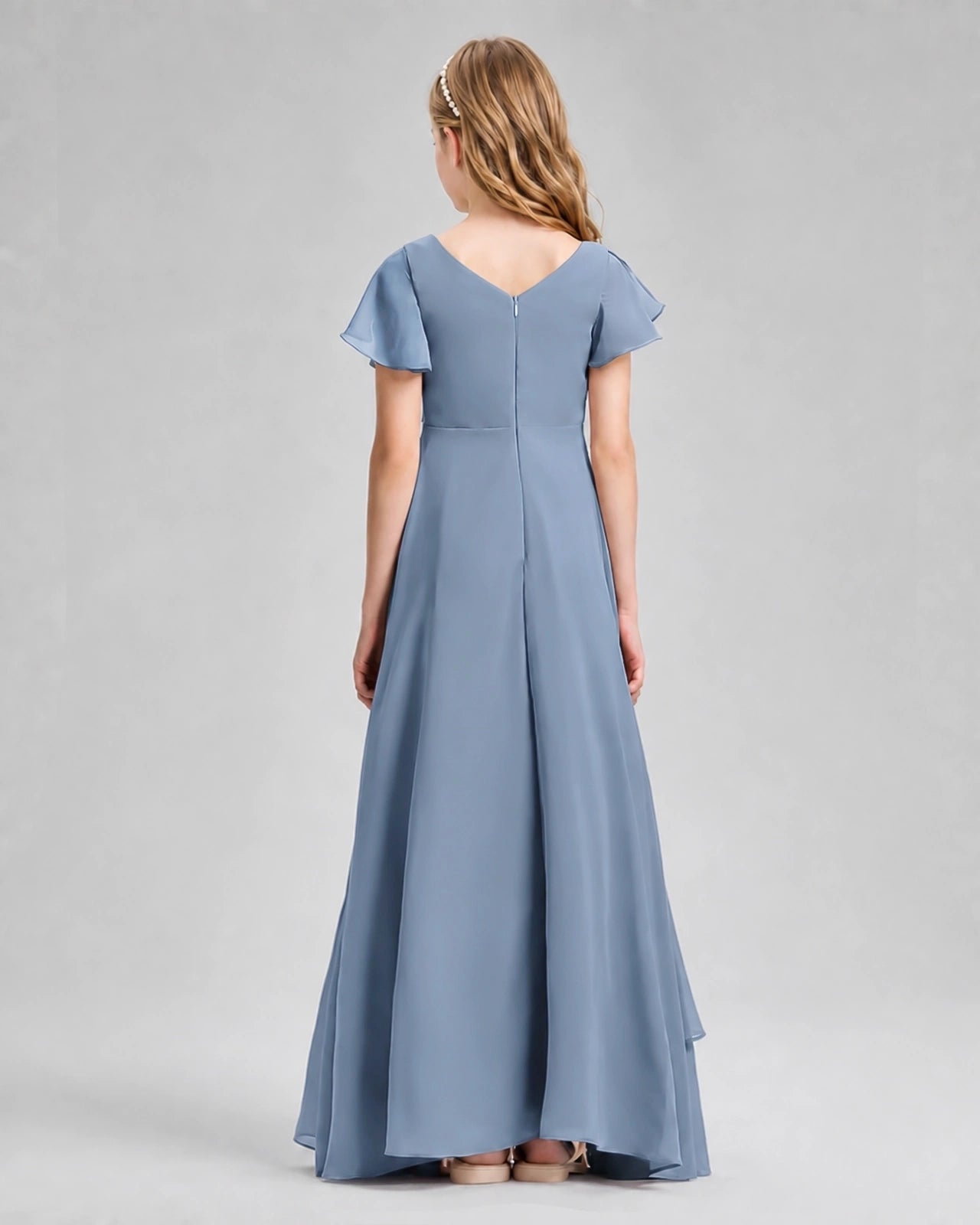 Dideyttawl Junior Bridesmaid Dress with Flutter Sleeves and Side Slit Chiffon Gown