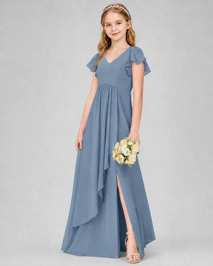 Dusty Blue Chiffon A-line Junior Bridesmaid Dress Front View