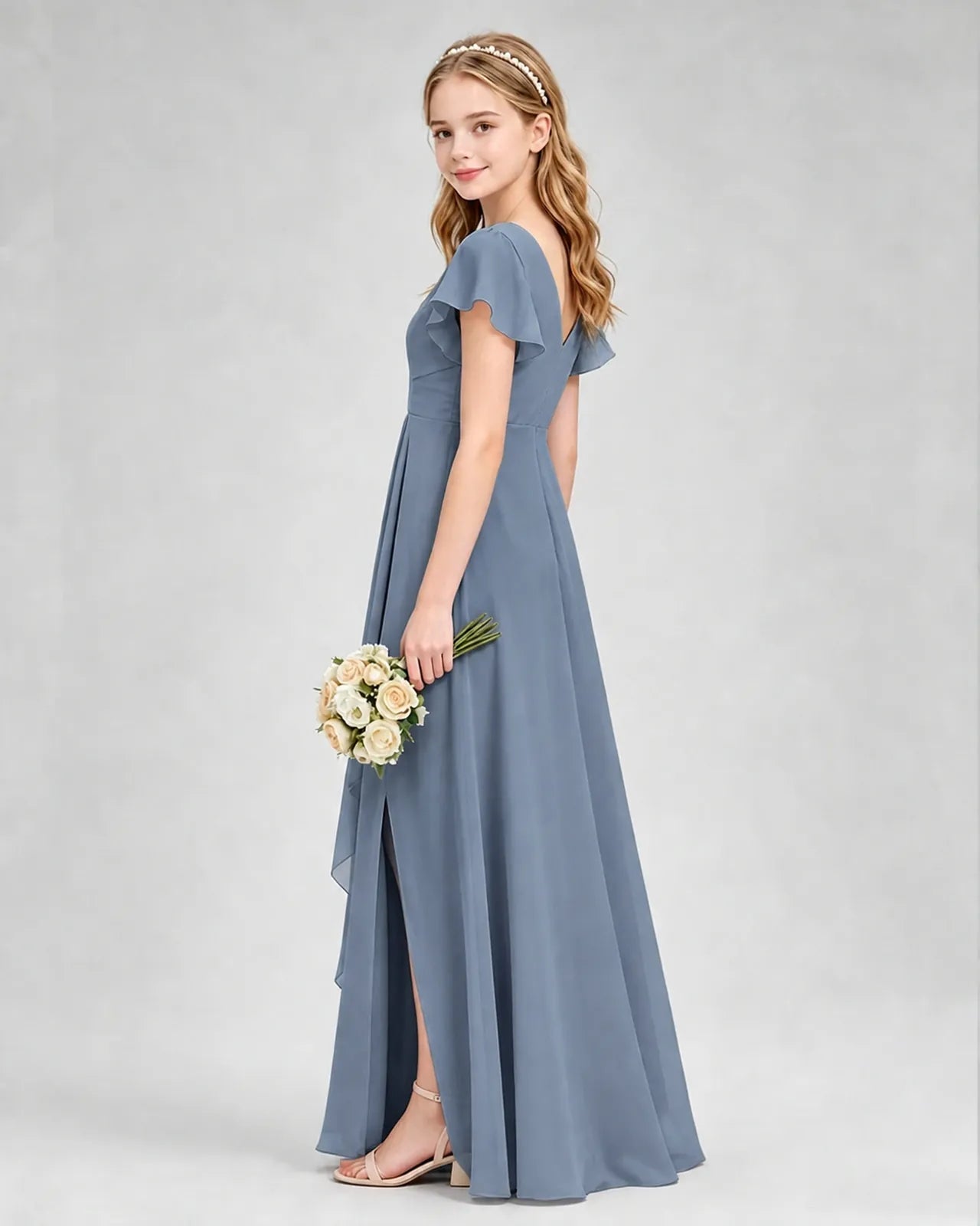 Dusty Blue Chiffon A-line Junior Bridesmaid Dress Side View