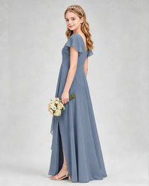 Dideyttawl Junior Bridesmaid Dress with Flutter Sleeves and Side Slit Chiffon Gown
