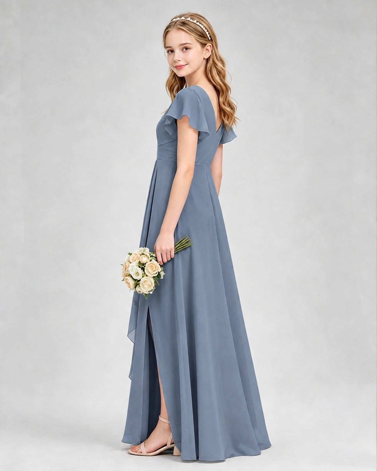 Dideyttawl Junior Bridesmaid Dress with Flutter Sleeves and Side Slit Chiffon Gown
