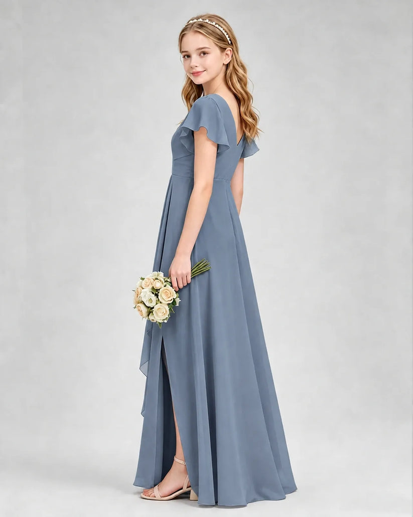 Dusty Blue Chiffon A-line Junior Bridesmaid Dress Side View
